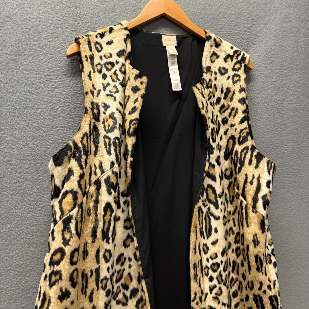 Chico's Vest Womens XL Faux Fur Open Jacket Long Comfy Leopard Print Side Slits - Picture 7 of 10